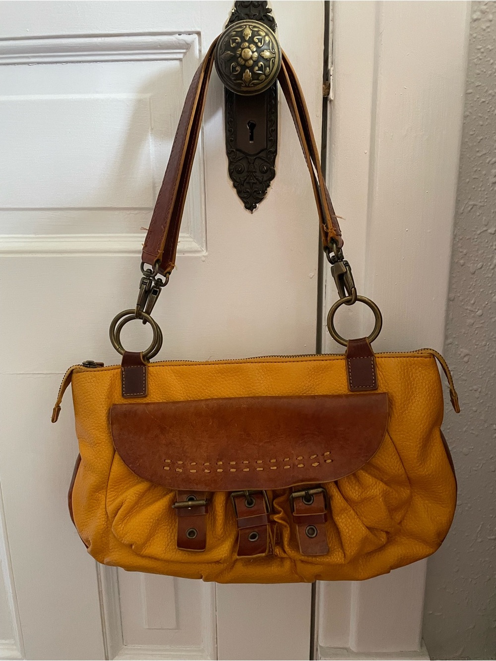 Vintage Cynthia Rowley Marigold/Mustard Yellow Leather Multi-buckle Bag